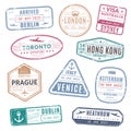 Travel stamp. Vintage passport visa international arrived stamps with grunge texture. Isolated vector set