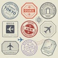 Travel stamps or adventure symbols set, Japan airport theme Royalty Free Stock Photo