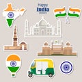 Travel Stickers of India. Tuk tuk, Taj Mahal, Qutab Minar, Red Fort