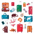 Travel stuff. Cartoon luggage, clothes, map, camera, passport and airplane tickets. Packed suitcase. Summer vacation Royalty Free Stock Photo