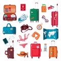 Travel stuff. Cartoon luggage, clothes, map, camera, passport and airplane tickets. Packed suitcase. Summer vacation accessories Royalty Free Stock Photo