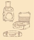 Travel stuff. Different types of suitcase, open, closed, stands on wheels. Vacation Hand drawn vector set, strokes