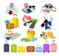 Travel Stuff with Suitcase and Accessories with Map, Camera, Passport and Hat Big Vector Set Royalty Free Stock Photo