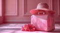 Travel in Style: Elegant Pink Suitcase and Hat on a Matching Pink Background Royalty Free Stock Photo