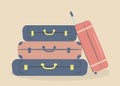 Travel stylish suitcases,boxes in brown,navy and red colours,are ready for vacation to the seaside or country or for business trip