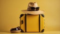 Travel Suitcase and Travel Accessories on a Yellow Background