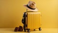 Travel Suitcase and Travel Accessories on a Yellow Background