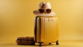 Travel Suitcase and Travel Accessories on a Yellow Background