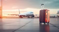 Travel suitcase and airplane in the distance at the airport, Travel concept Royalty Free Stock Photo