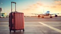 Travel suitcase and airplane in the distance at the airport, Travel concept Royalty Free Stock Photo