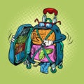 travel suitcase character packs clothes, vacation trip and tourism