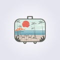 Travel suitcase creative beach vintage retro poster, beach theme in suitcase frame, beach travel logo vector illustration