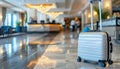 Travel suitcase by the entrance of a luxurious hotel, ready for guests check in