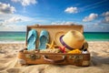Travel suitcase with flip flops, hat and seashells on sandy beach. AI generated Royalty Free Stock Photo