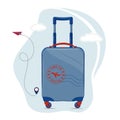 Travel Suitcase isolated vector. Plastic bright blue travel suitcase on wheels