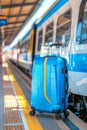 Travel suitcase next to train station entrance, packed for a journey and ready for departure