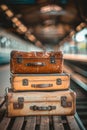 Travel suitcase placed by the entrance of a train station for convenient boarding Royalty Free Stock Photo