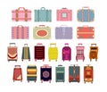 Travel suitcase set isolated on white background vector illustration. Journey package, colorful baggage, business travel bag,