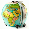 travel suitcase in the shape of a globe with maps of countries and oceans isolated on white,