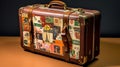 Travel suitcase with travel stickers and stamps, accesory