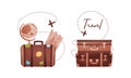 Travel Suitcase and Trunks with Stickers and Vacation Symbols Vector Set Royalty Free Stock Photo