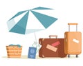 Travel suitcase and umbrella, bag with towel and plane tickets, travel and vacation attributes