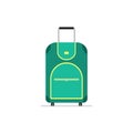 Travel suitcase on wheels with telescopic handle. Tourist luggage. Big cloth bag for journey. Traveler baggage. Flat vector icon Royalty Free Stock Photo