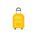 Travel suitcase on wheels with telescopic handle. Tourist luggage. Bright yellow cloth bag. Baggage of traveler. Flat vector icon Royalty Free Stock Photo