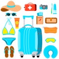 Travel suitcase with women things vector set isolated on white background. Royalty Free Stock Photo