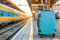 Travel suitcases at the entrance of a train station, awaiting embarkation on a scenic journey Royalty Free Stock Photo