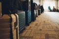 Travel suitcases lined up in a spacious hotel room of Asian tourists, with copy space Royalty Free Stock Photo