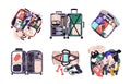 Travel suitcases set. Luggage, hand baggage stuffed with clothes, holiday and business accessories. Open tourists bag Royalty Free Stock Photo