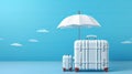 Travel suitcases and umbrella on blue. Vacation concept. Ai generadet art. Royalty Free Stock Photo
