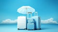 Travel suitcases and umbrella on blue. Vacation concept. Ai generadet art. Royalty Free Stock Photo