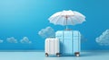 Travel suitcases and umbrella on blue. Vacation concept. Ai generadet art. Royalty Free Stock Photo