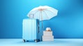 Travel suitcases and umbrella on blue. Vacation concept. Ai generadet art. Royalty Free Stock Photo