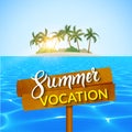 Travel summer island vocation. Island Beach with palms, blue water and sky. Summer vocation vector illustration.