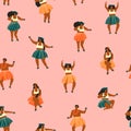 Hawaii dance seamless pattern. Women dancers playing ukulele and dancing Hula. Travel summer print.