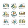 Travel summertime logo design, summer vacation emblem, adventure, travel, tourism, mountaineering and outdoor activity