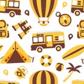 Travel Symbols Seamless Pattern, Summer Vacation Adventures Design Element Can Be Used for Fabric, Wallpaper, Packaging Royalty Free Stock Photo