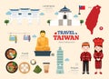 Travel Taiwan flat icons set. Taiwanese element icon map and landmarks symbols and objects collection. Vector Illustration Royalty Free Stock Photo