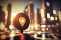 Travel and technologogy concept. Gps icon on bokeh city skyline background. Generative ai Royalty Free Stock Photo