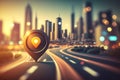 Travel and technologogy concept. Gps icon on bokeh city skyline background. Generative ai