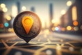 Travel and technologogy concept. Gps icon on bokeh city skyline background. Generative ai