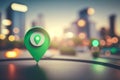 Travel and technologogy concept. Gps icon on bokeh city skyline background. Generative ai Royalty Free Stock Photo