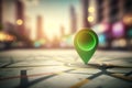 Travel and technologogy concept. Gps icon on bokeh city skyline background. Generative ai Royalty Free Stock Photo