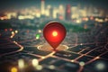 Travel and technologogy concept. Gps icon on bokeh city skyline background. Generative ai