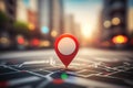 Travel and technologogy concept. Gps icon on bokeh city skyline background. Generative ai Royalty Free Stock Photo