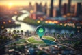 Travel and technologogy concept. Gps icon on bokeh city skyline background. Generative ai