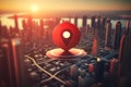 Travel and technologogy concept. Gps icon on bokeh city skyline background. Generative ai
